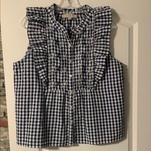 LOFT Blue and White Sleeveless Ruffled Blouse